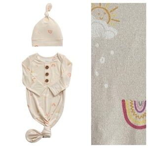Quince Cream Rainbow Print Bamboo Gown and Hat Layette Set 0-3mo